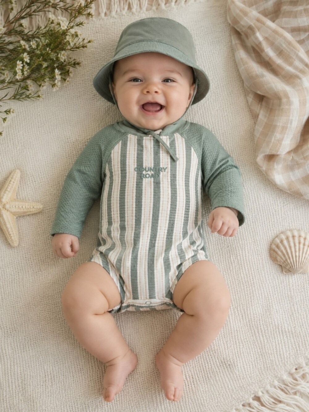 Country Road Green & Cream Striped Baby Swimmer | 3-6M